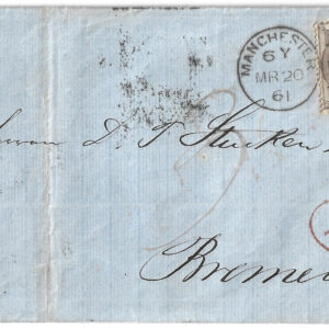 SG70var 1856 6d lilac. Used on cover to Bremen, Germany. Inverted stamp! Under-inked.